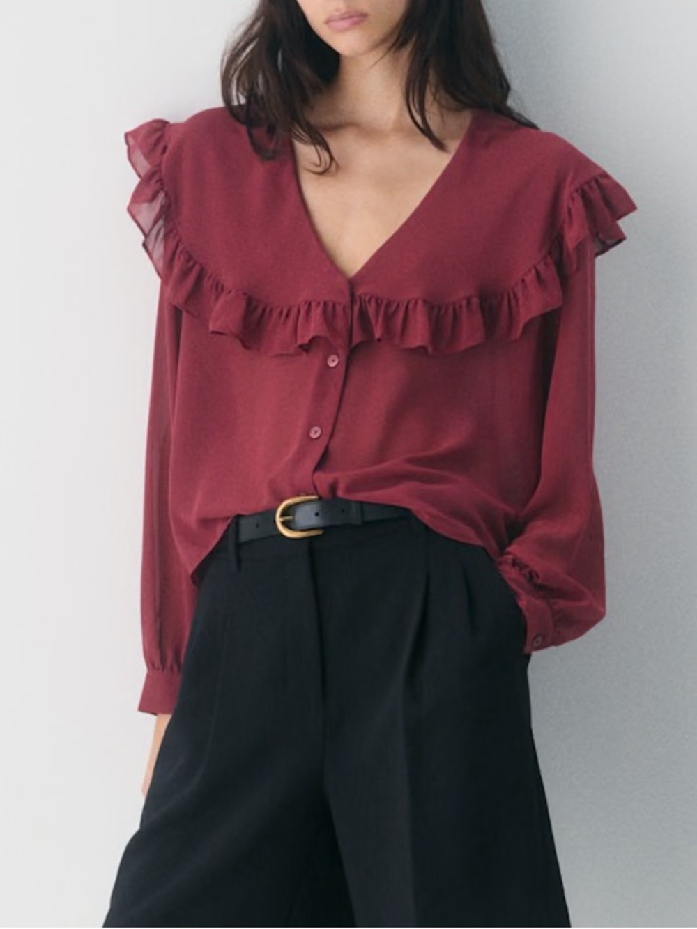 Aritzia Wilfred Gaston blouse XS cordovan chiffon ruffle sheer feminine romantic